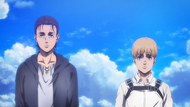attack on titan review, eren and armin stand side by side under a wide blue sky as they face the future together