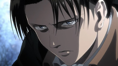 attack on titan review, levi is shown in a close-up with a sharp and intense expression during a tense moment
