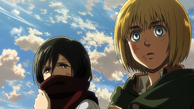 attack on titan review, mikasa and armin look ahead with shocked expressions after surviving a brutal battle