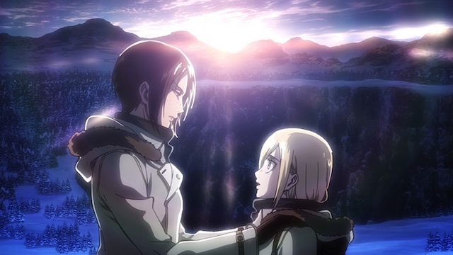 attack on titan review, ymir and historia face each other quietly in a snowy mountain landscape at sunset
