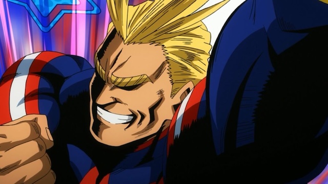 my hero academia review, all might with his iconic heroic smile and fist clenched showing his confident and reassuring presence