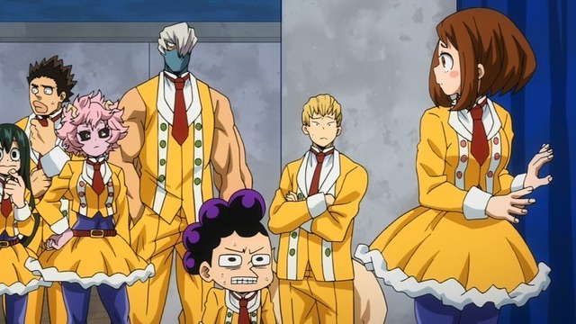 my hero academia review, uraraka and class 1-a students wearing matching yellow dance costumes preparing for the u.a. school cultural festival performance