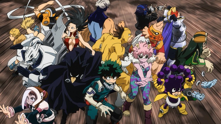 my hero academia review, deku and class 1-a classmates assembled together in their hero costumes charging forward as a team
