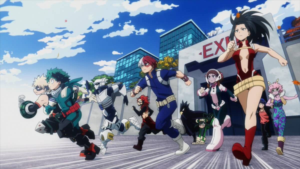 my hero academia review, deku bakugo todoroki yaoyorozu and class 1-a students running together in their hero costumes against a blue sky cityscape