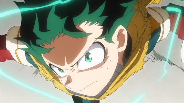 my hero academia review, deku with a focused and determined expression activating one for all with green energy lines in battle