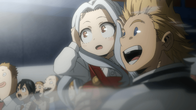 my hero academia review, eri and mirio togata watching the cultural festival performance together with excited and happy expressions