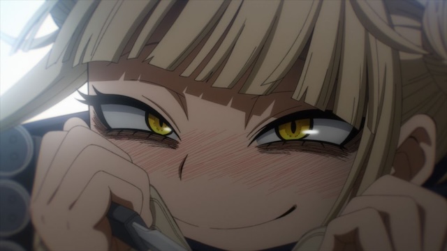 my hero academia review, himiko toga with her signature creepy smile and glowing yellow eyes showing her unsettling villain personality