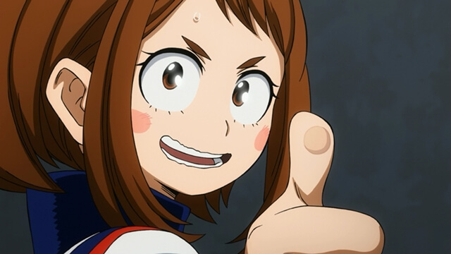 my hero academia review, ochaco uraraka giving a thumbs up with a cheerful and determined expression in her hero costume